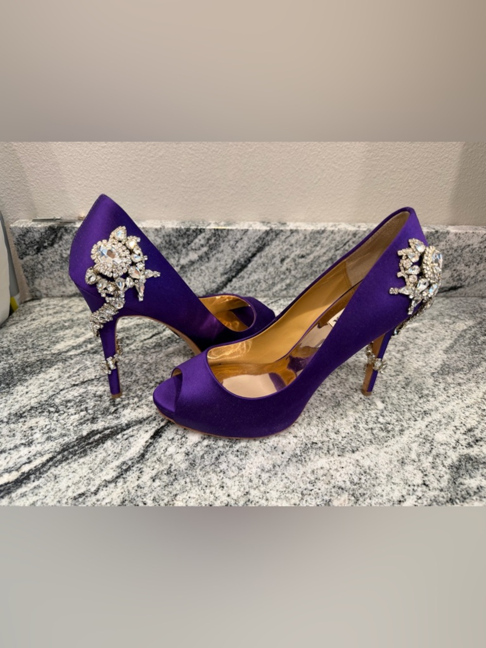 Badgley Mischka Rich Purple Satin Peep-Toe High Heels with Crystal Embellishment